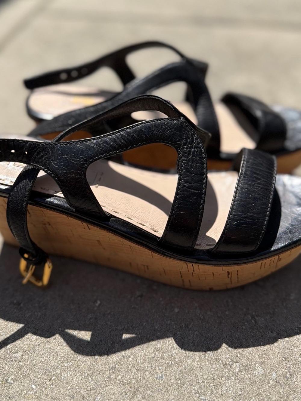 Prada Black Leather Cork Wedge Sandals
